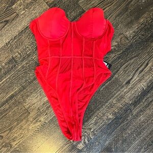 Nasty Gal Red Strapless Bodysuit it’s cup to you satin mesh size 6 small sheer